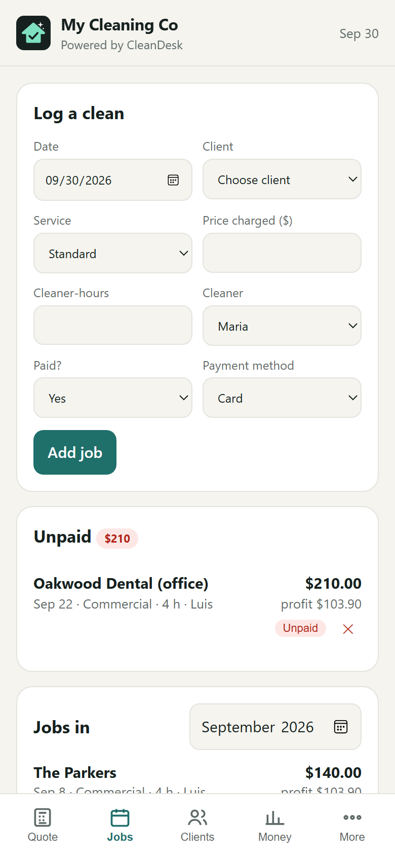 CleanDesk jobs screen with a log-a-clean form and an unpaid job for an office client