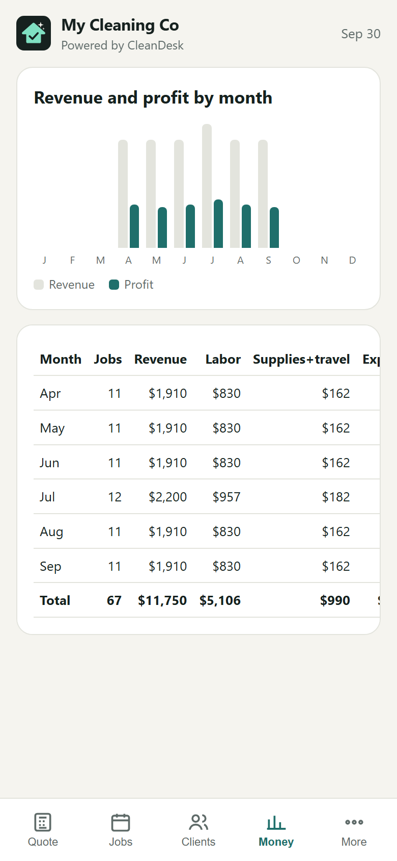 CleanDesk money screen with a monthly revenue and profit chart and a table of jobs, revenue and labor per month